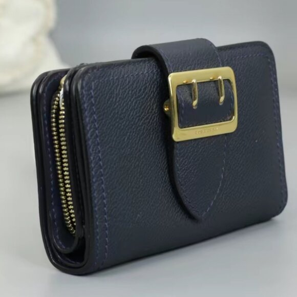 Burberry Navy Blue Leather Buckle Compact Wallet Gold Hardware Auth - Picture 4 of 8